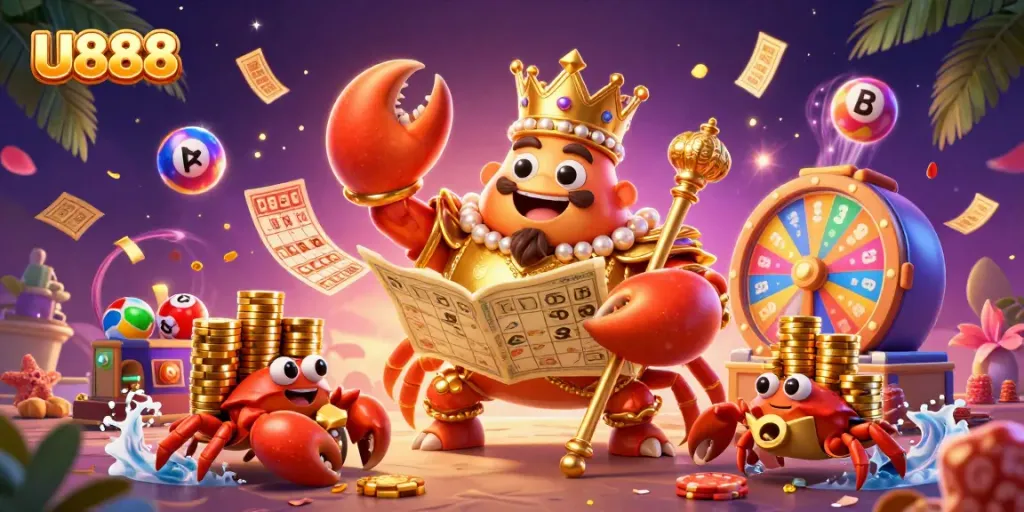 U888 showcases a vibrant 3D scene with a golden crab emperor presiding over lottery balls and casino excitement.
