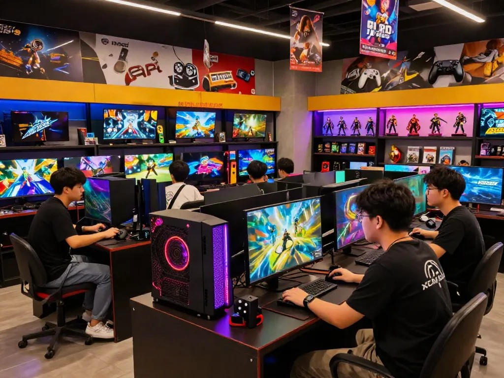 Group of gamers at a vibrant digital games shop featuring warung168 gaming merchandise and consoles.