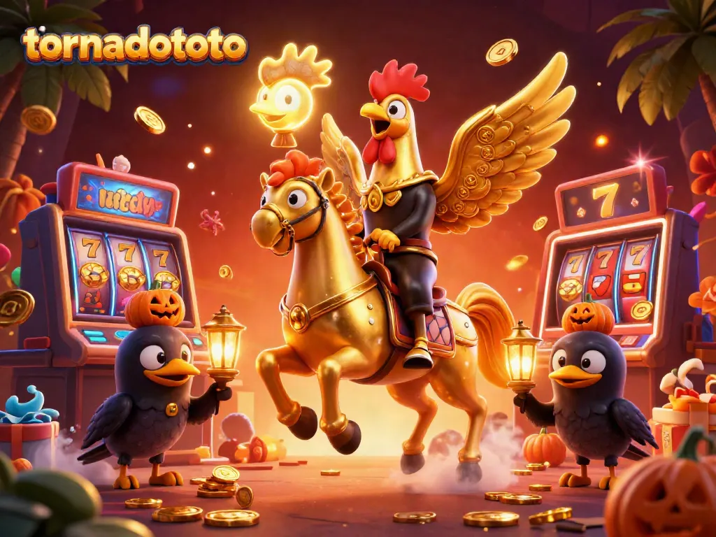 Engage in epic slots with tornadototo's golden rooster riding through a casino night.