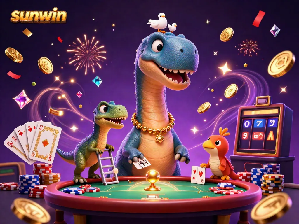 Experience thrilling gameplay in Sunwin's vibrant casino scene featuring a playful brontosaurus and clever raptor.