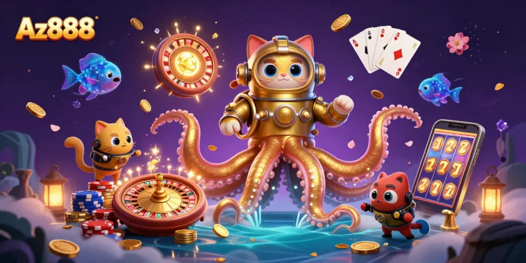 Experience Az888's thrilling gaming world filled with a kraken, diving cat, and dazzling casino elements.