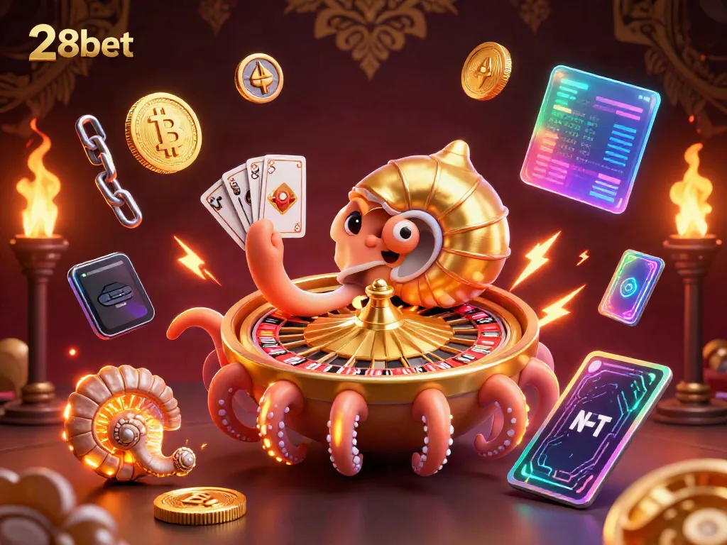 Engage with the vibrant world of 28bet, featuring a nautilus roulette wheel and crypto elements in this stunning 3D illustration.