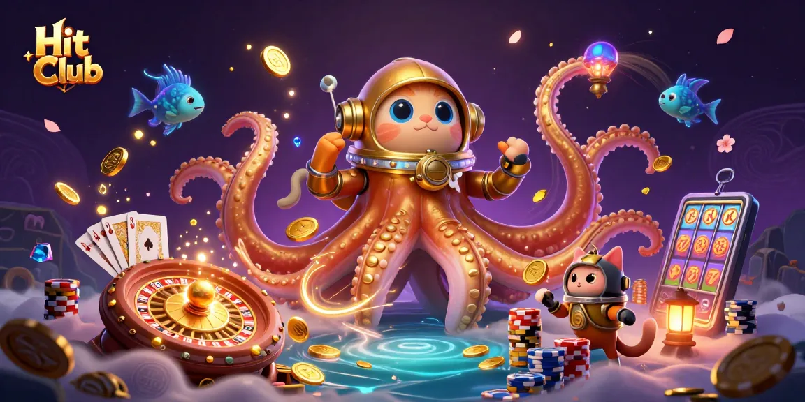 Hit Club showcases thrilling casino action with a kraken and diving cat amid sparkling treasures.