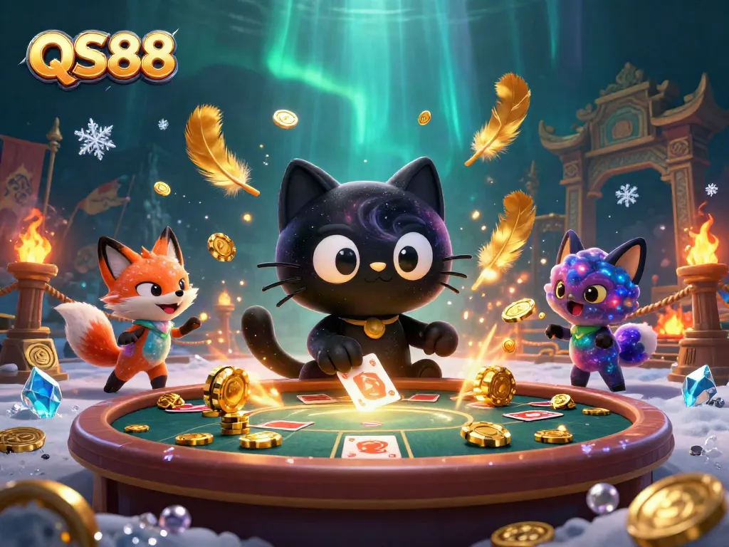 Experience thrilling gameplay at QS88 with a cosmic scene featuring vibrant characters, chips, and galactic elements.
