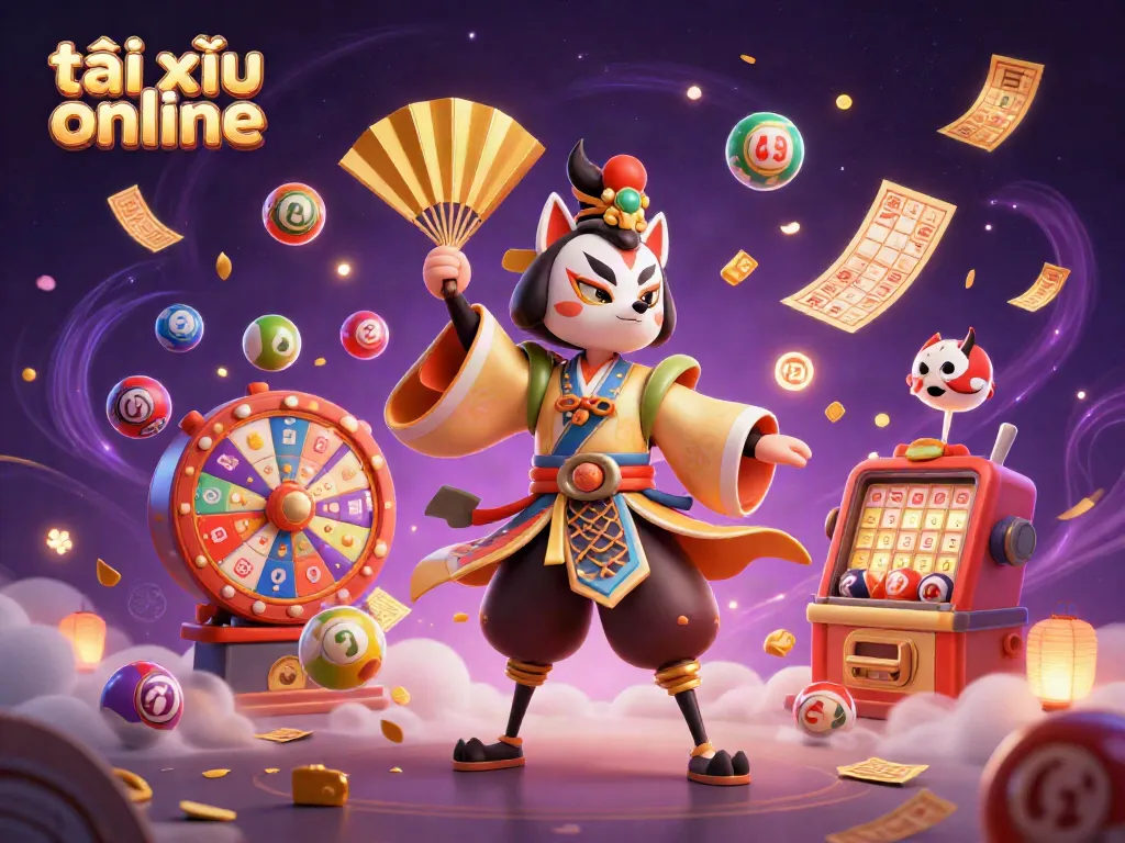 Experience the excitement of tài xỉu online with vibrant game elements and characters in a dynamic 3D illustration.