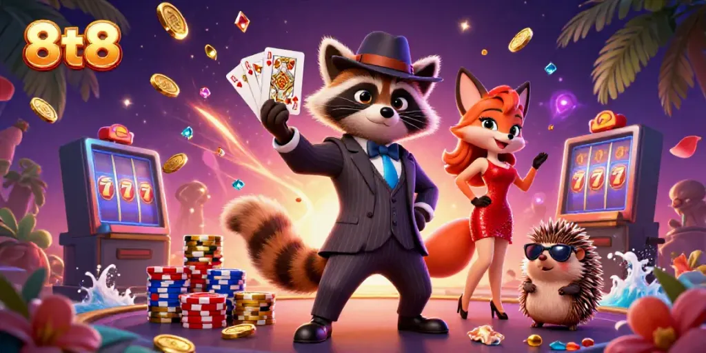 Experience exhilarating wins with 8tt8 as the suave raccoon and charming fox celebrate a royal flush in a vibrant casino scene.