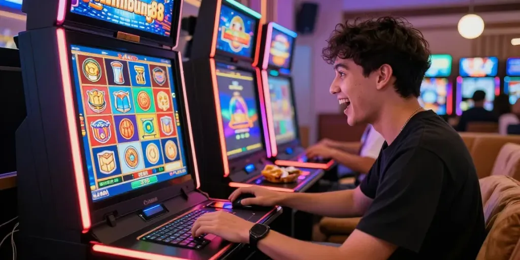 Excited player enjoying lumbung88 gaming experience on laptop in vibrant home casino.