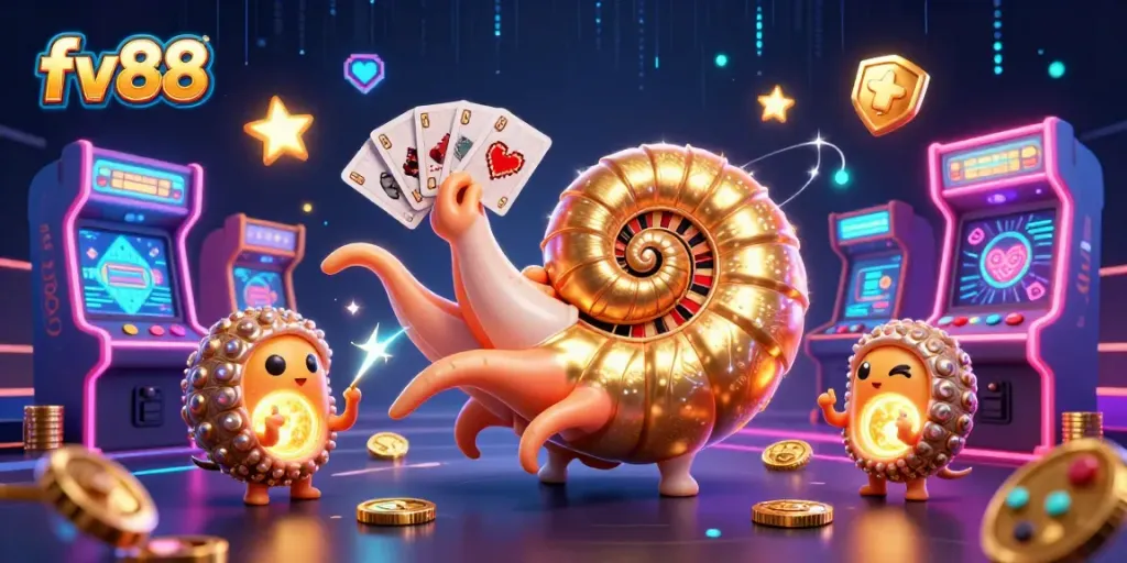 Experience thrilling spins and wins with fv88’s vibrant casino game offerings in a dynamic 3D illustration.