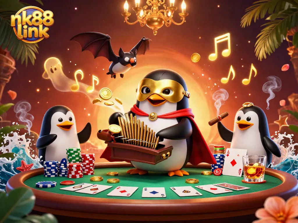 Explore the vibrant nk88 link scene with a penguin-themed casino atmosphere and dynamic card game action.