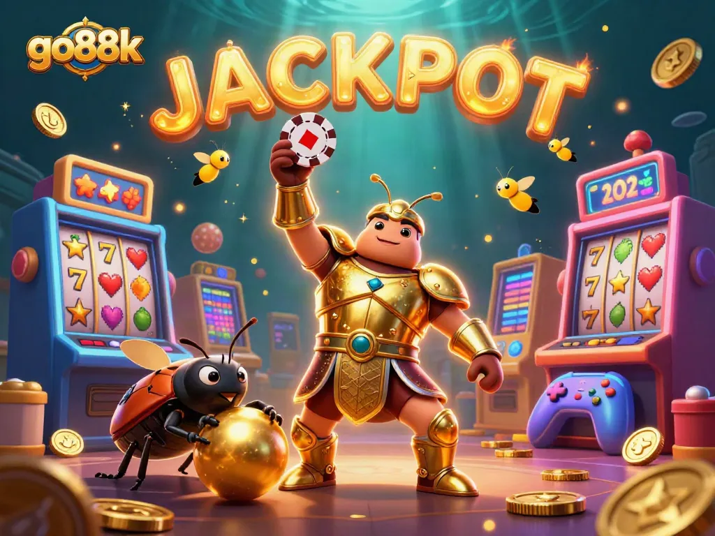 Experience thrilling gameplay with go88k featuring a hercules beetle championing a poker chip in a rich casino scene.