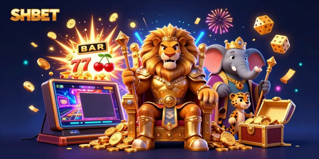 Experience thrilling wins at SHBET with a vivid 3D scene of a lion king and vibrant casino elements.