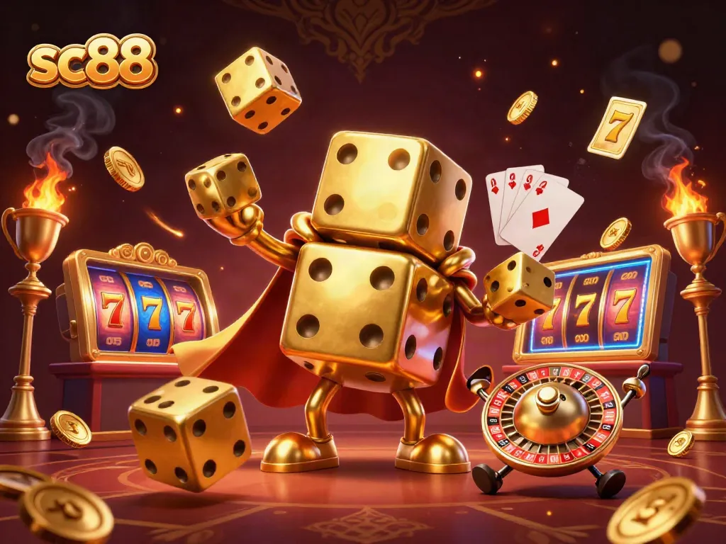 Experience sc88 thrills with a golden dice golem embracing the excitement of casino adventures.