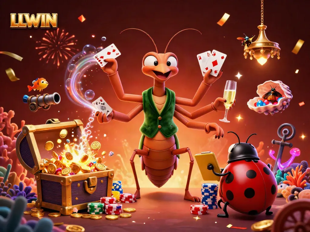 LLWIN features engaging characters in a vibrant online casino scene dealing cards and pouring drinks.