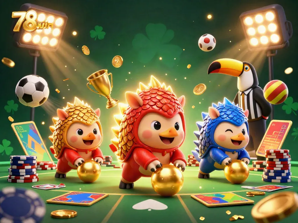 Experience the thrill of 78win with animated pangolins bowling poker chips in a vibrant casino scene.