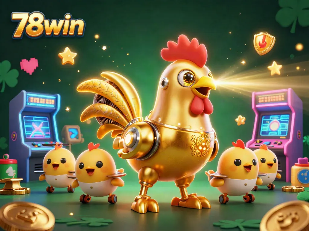 Engage with 78win's vibrant 3D casino scene featuring a golden rooster robot and exciting gaming elements.