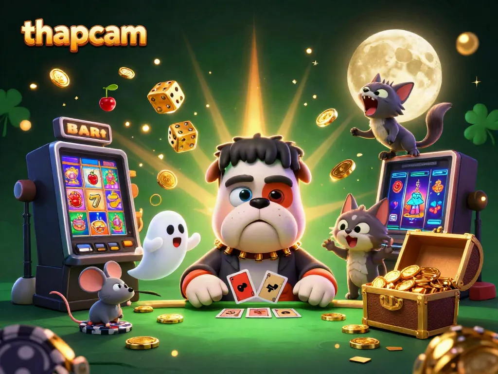 Experience thapcam with a thrilling 3D casino scene featuring a Frankenstein bulldog and werewolf kitten.