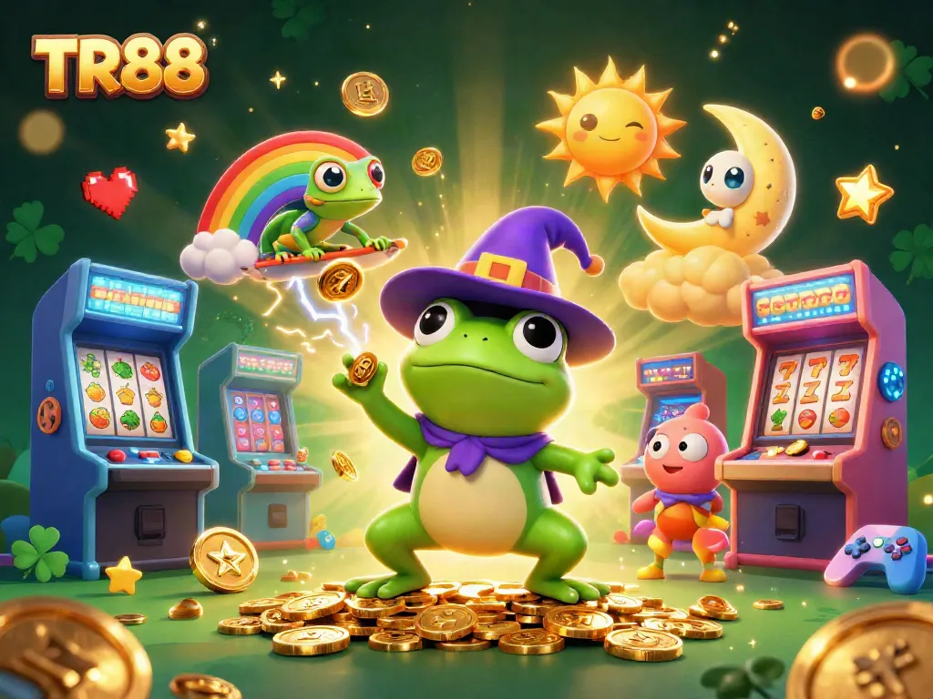 Win big with TR88: Cartoon wizard frog and rainbow chameleon amidst golden coins and slot symbols.