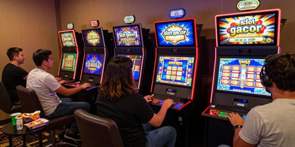 Engaged players enjoying slot gacor games on digital devices in a cozy gaming room atmosphere.