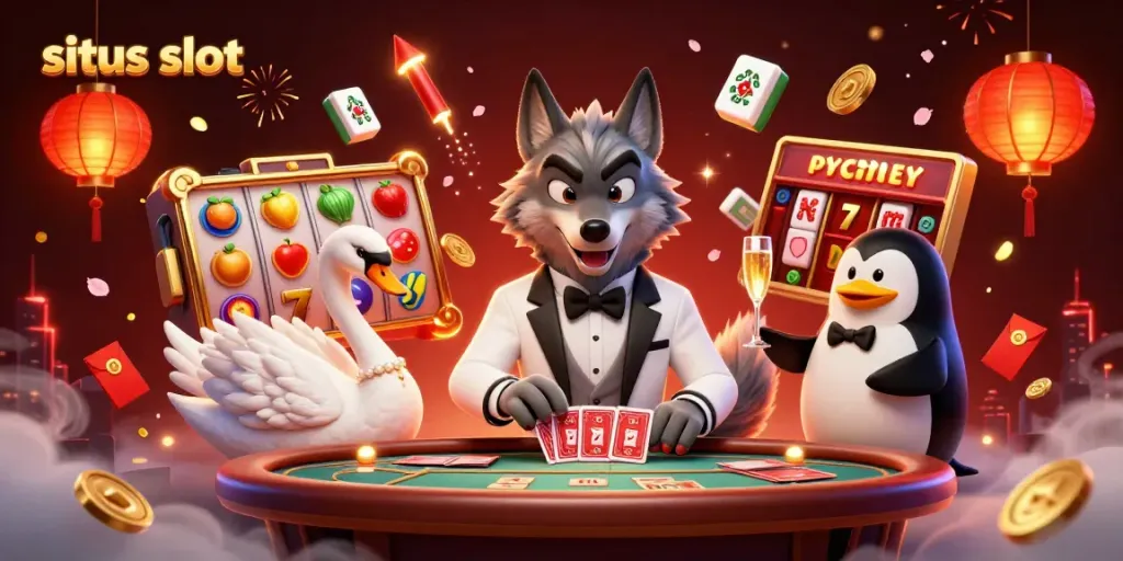 Gambarkan aksi menarik di situs slot dengan karakter serigala dan angsa di meja, simbol kemenangan berkilauan