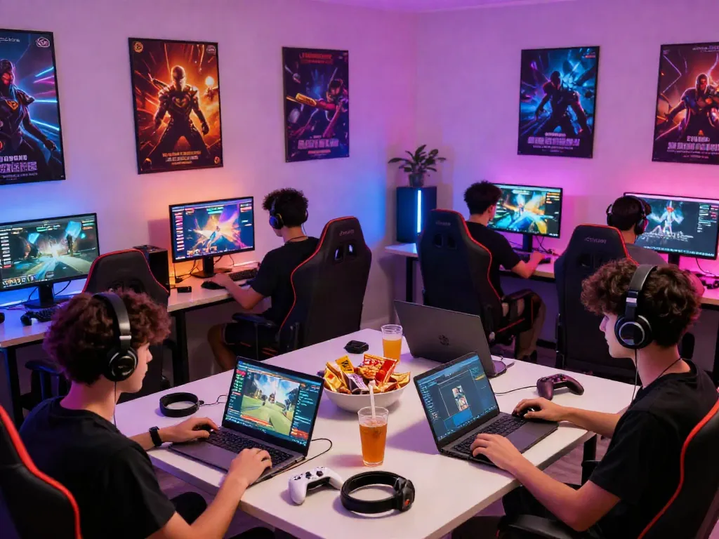 Engaging gaming environment featuring diverse gamers using warung168 digital marketplace for gaming gear and accessories.