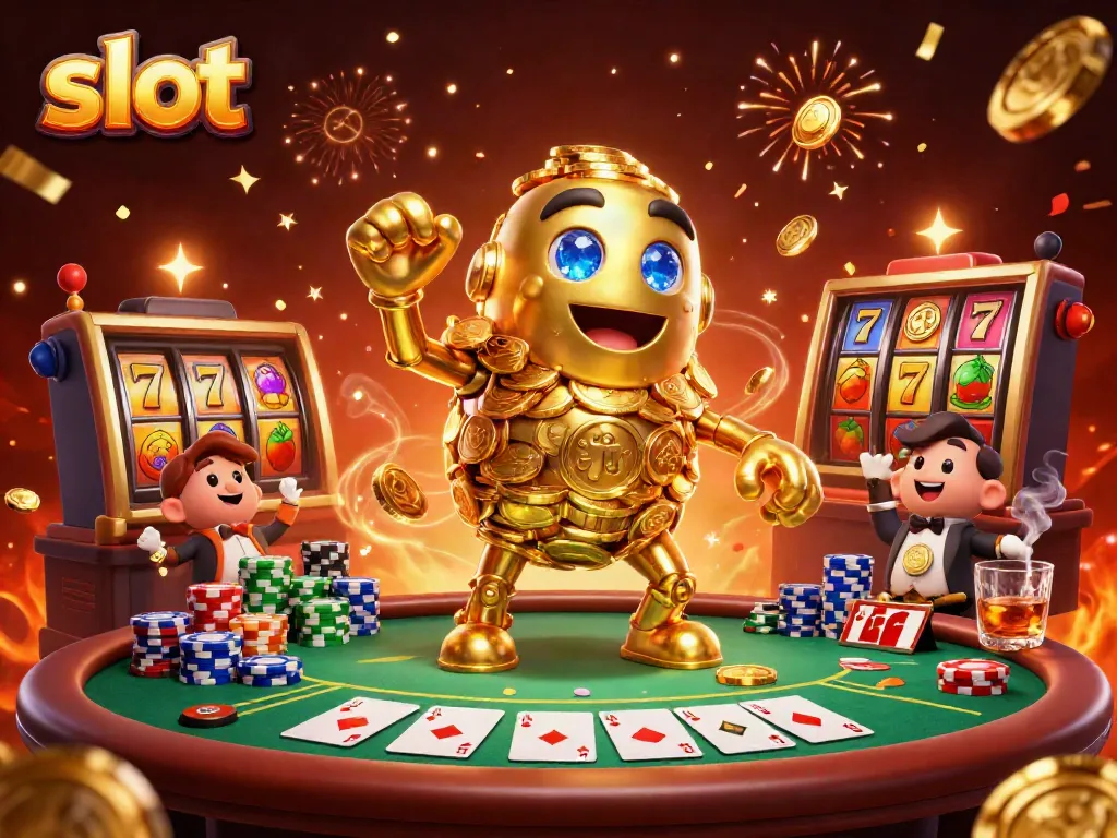 Engaging scene featuring a golden golem amidst dynamic slot reels and poker elements, celebrating casino fun.