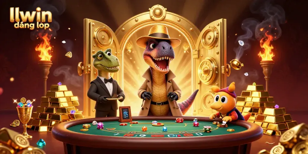 Experience exciting llwin đăng nhập with a 3D velociraptor card counter surrounded by casino treasures.