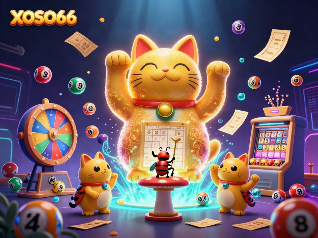 XOSO66 brings exciting wins with a vibrant lucky cat and colorful lottery elements.