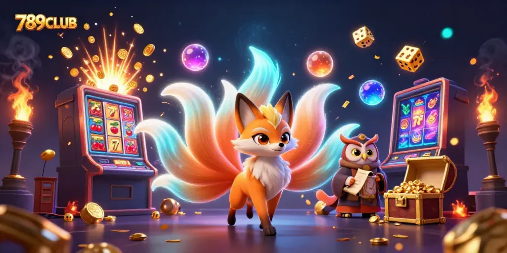 Engage with vibrant 789CLUB themes in this colorful casino scene featuring a glowing fox spirit and jackpot elements.