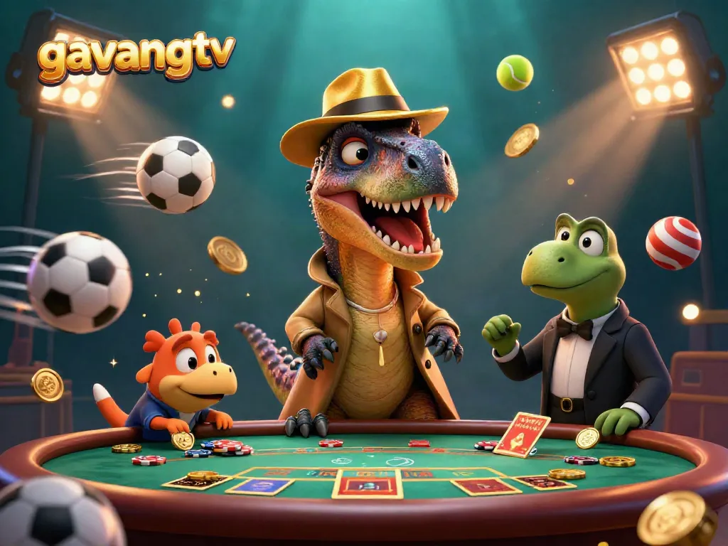 Experience premier betting action with gavangtv featuring a velociraptor card counter and sports elements in a vibrant 3D casino scene.