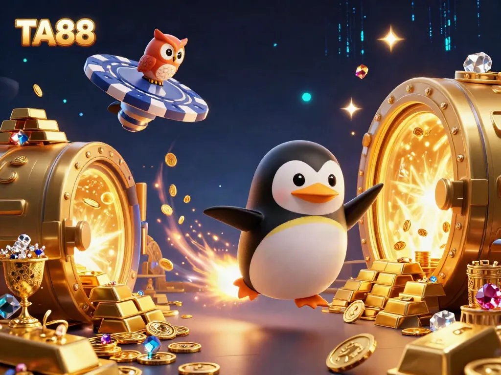 Experience excitement with TA88, a golden penguin racing towards a vibrant casino space station.