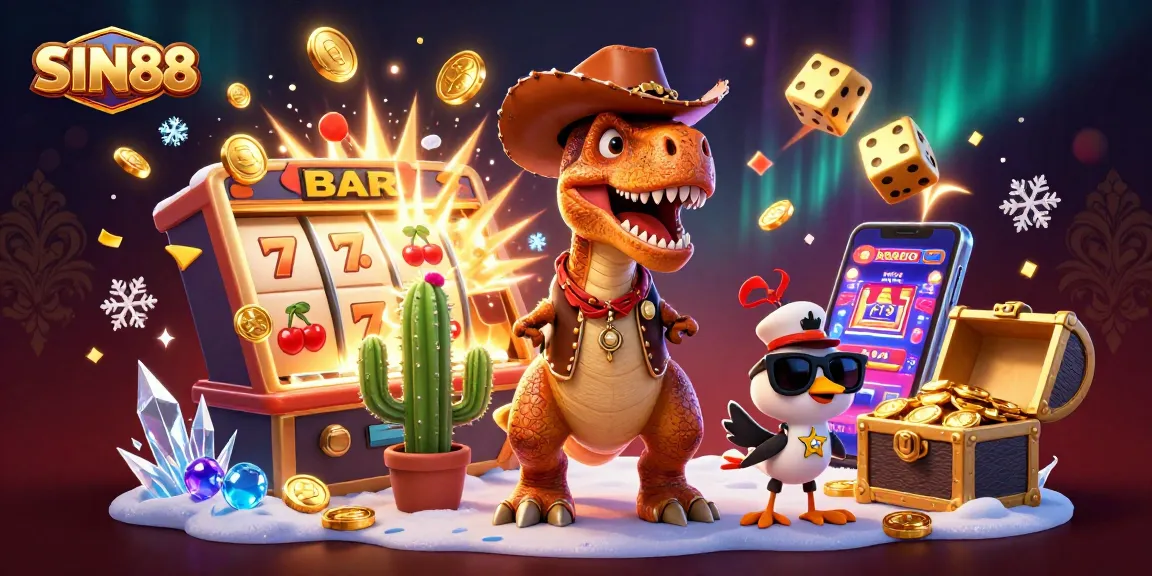 SIN88 jackpot celebration with a T-Rex dinosaur and lively casino elements bursting with excitement