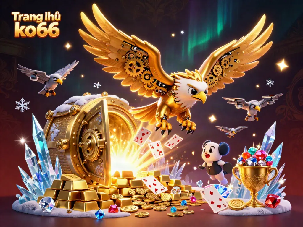 Experience the thrilling excitement of Trang chủ ko66 as a golden eagle dives among holographic cards and treasure.
