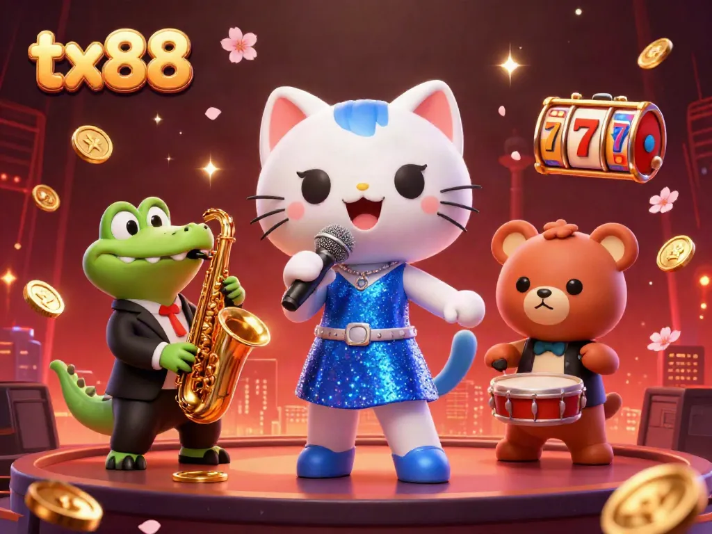 Experience the excitement of tx88 casino with lively characters and dynamic elements in this vibrant illustration.