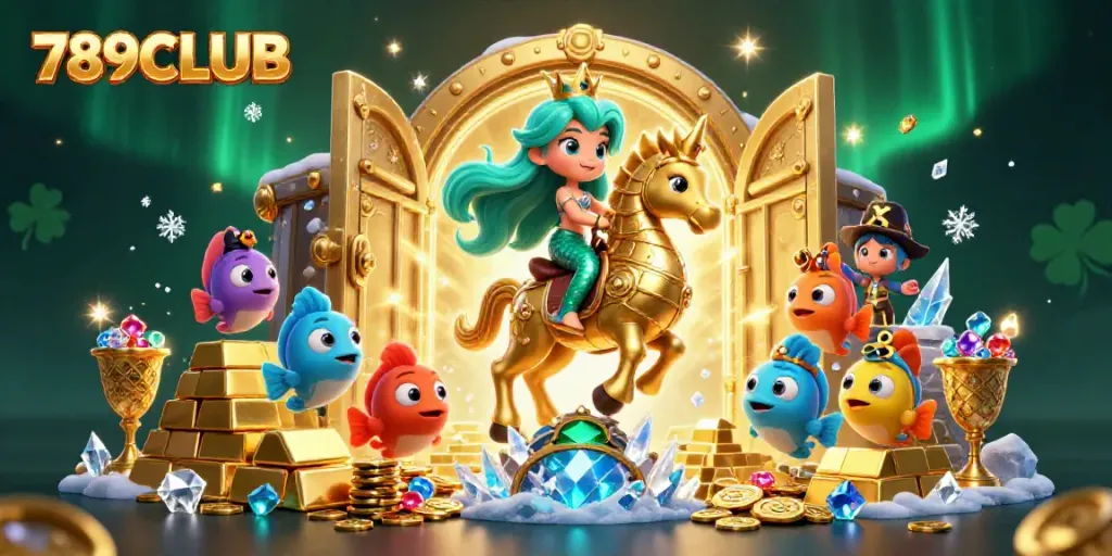 Experience thrilling adventures at 789CLUB with a vibrant scene of winning treasures and whimsical characters.