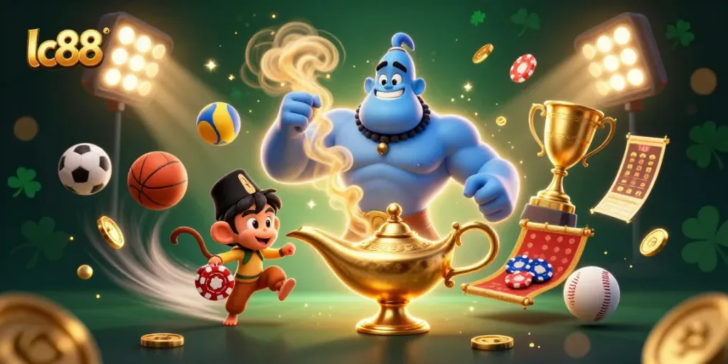 Engage in vibrant gambling fun with lc88, illustrated by a magical genie with sports elements