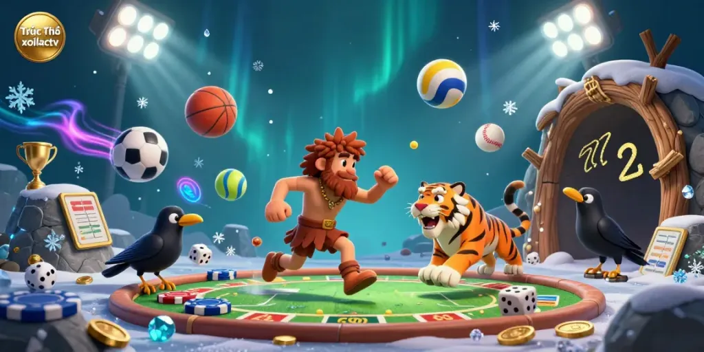 Experience Trực Tiếp xoilactv as a mascot shares the thrill of winning with lively sports betting elements in this vibrant illustration.