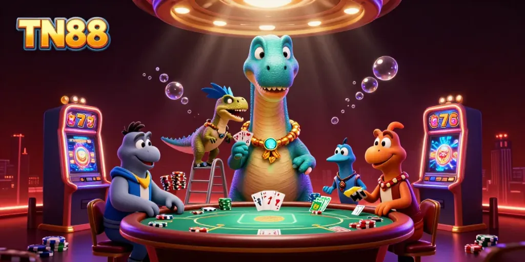Engaging TN88 casino illustration featuring a cartoon dinosaur with poker elements, vibrant and dynamic.