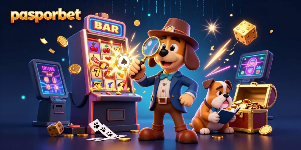 Ilustrasi 3D pasporbet dengan detektif anjing dan mesin slot, penuh detail.