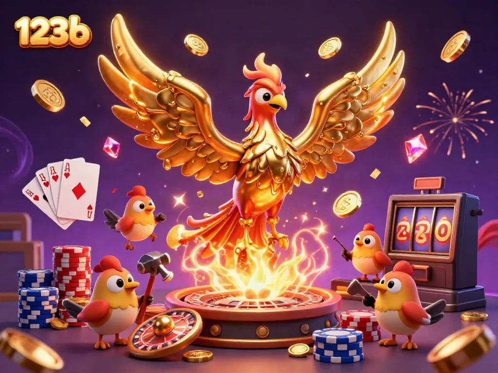 Join the excitement with 123b as golden coins cascade amidst a vibrant casino scene.