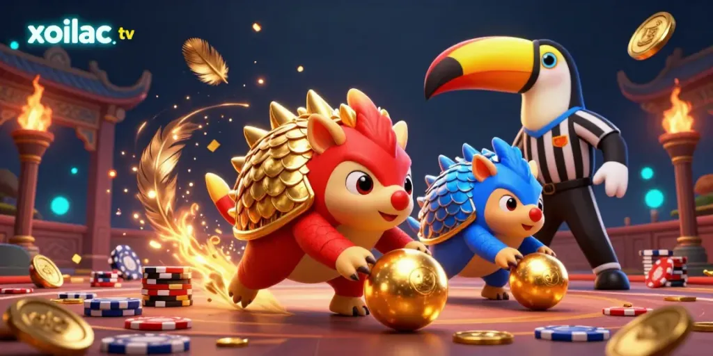 Bowling pangolins showcasing xoilac tv in an energetic gambling showdown.