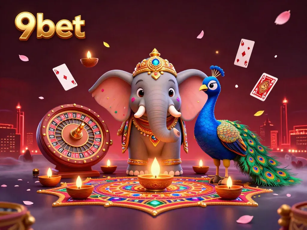 Experience the thrill of 9bet's lively gaming atmosphere with a 3D detailed elephant surrounded by casino elements.