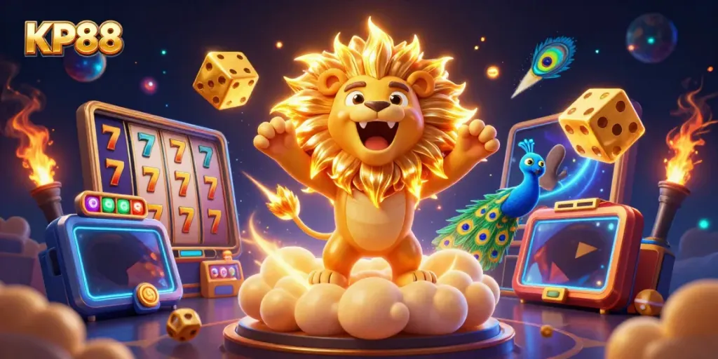 KP88 ignites excitement with vibrant slot game elements and a roaring lion illustration