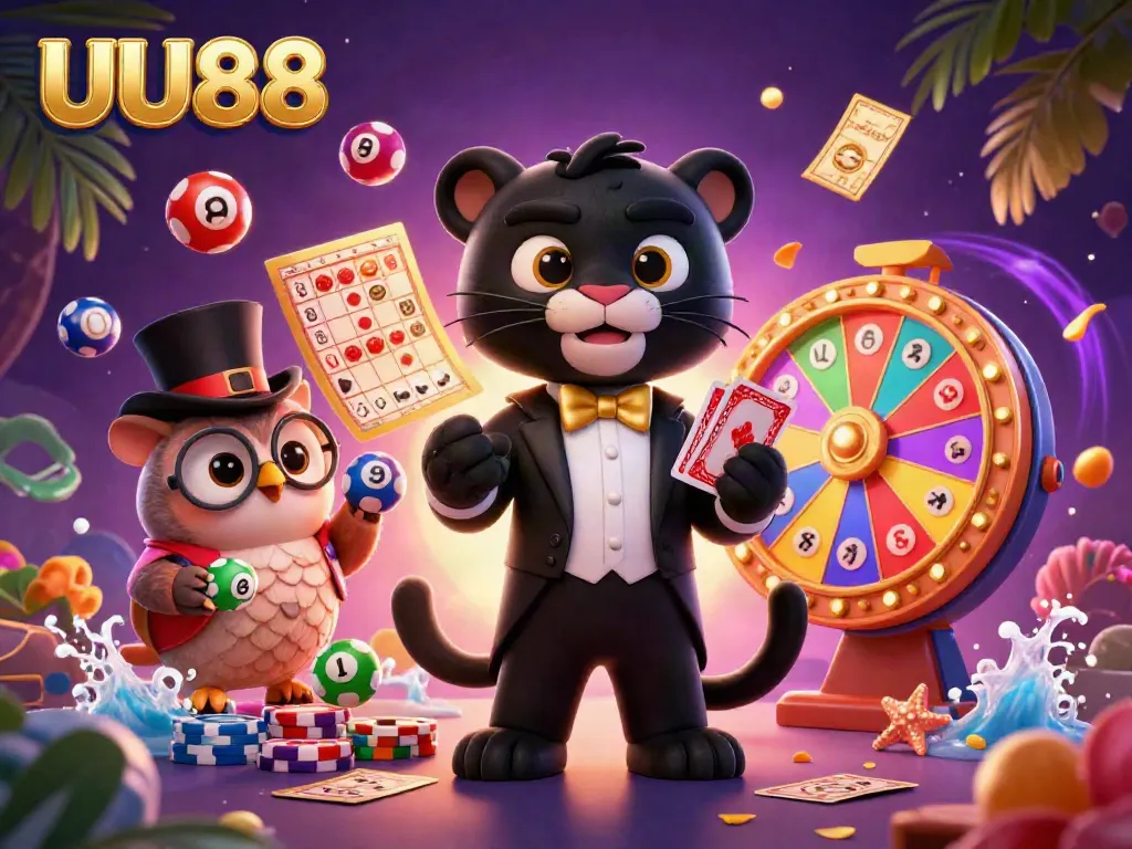 Engage with thrilling casino action at UU88 featuring a chic black panther dealer, an owl banker, and a lucky mouse amidst vibrant gaming elements.