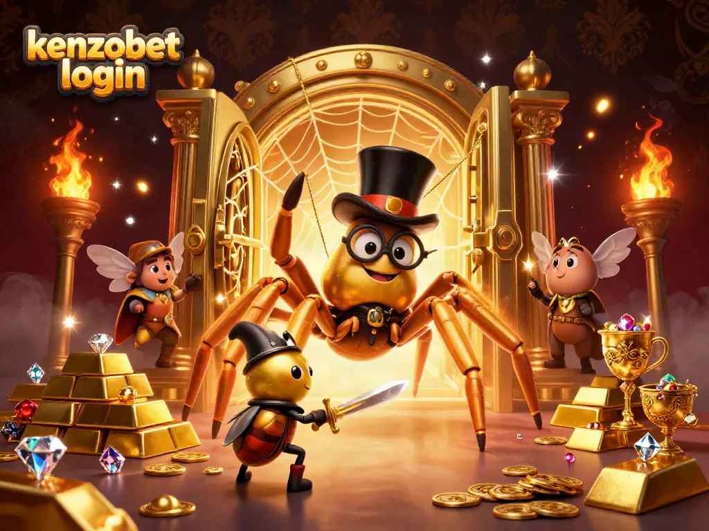 Engage in thrilling games with kenzobet login, surrounded by golden treasures and dynamic casino action.