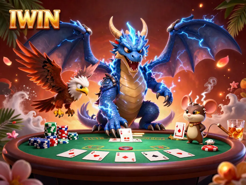 IWIN brings excitement with a dynamic poker scene featuring characters in a thrilling casino setting.