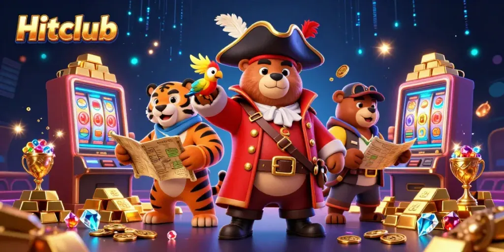 Hitclub slots scene with pirate captain bear and fierce tiger enjoying treasure, showcasing gambling excitement