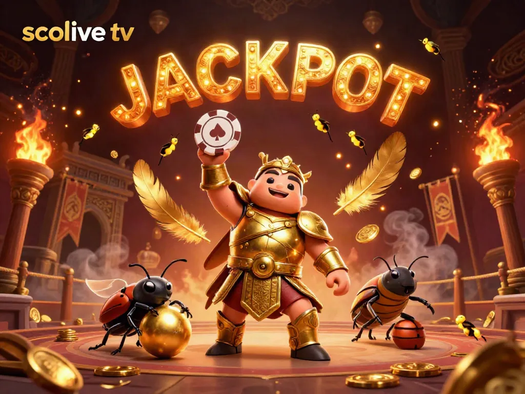 Win big with socolive tv featuring a victorious beetle champion at an exciting gambling arena.