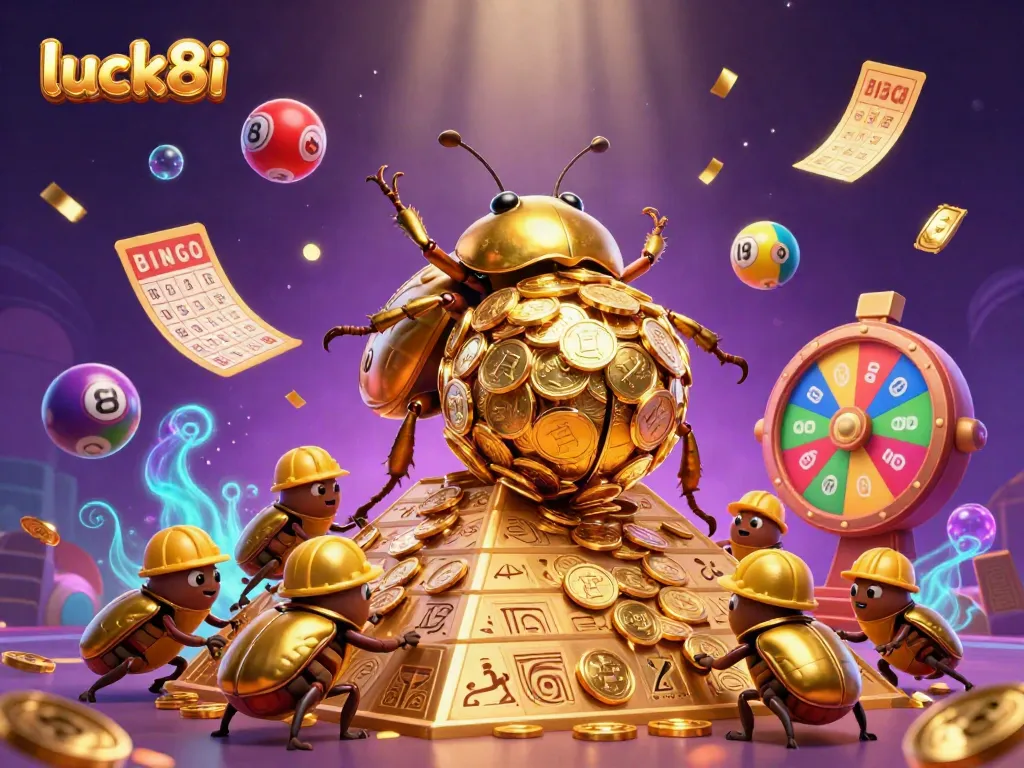 Engage with luck8i's vibrant casino scene featuring a golden beetle and lottery elements.