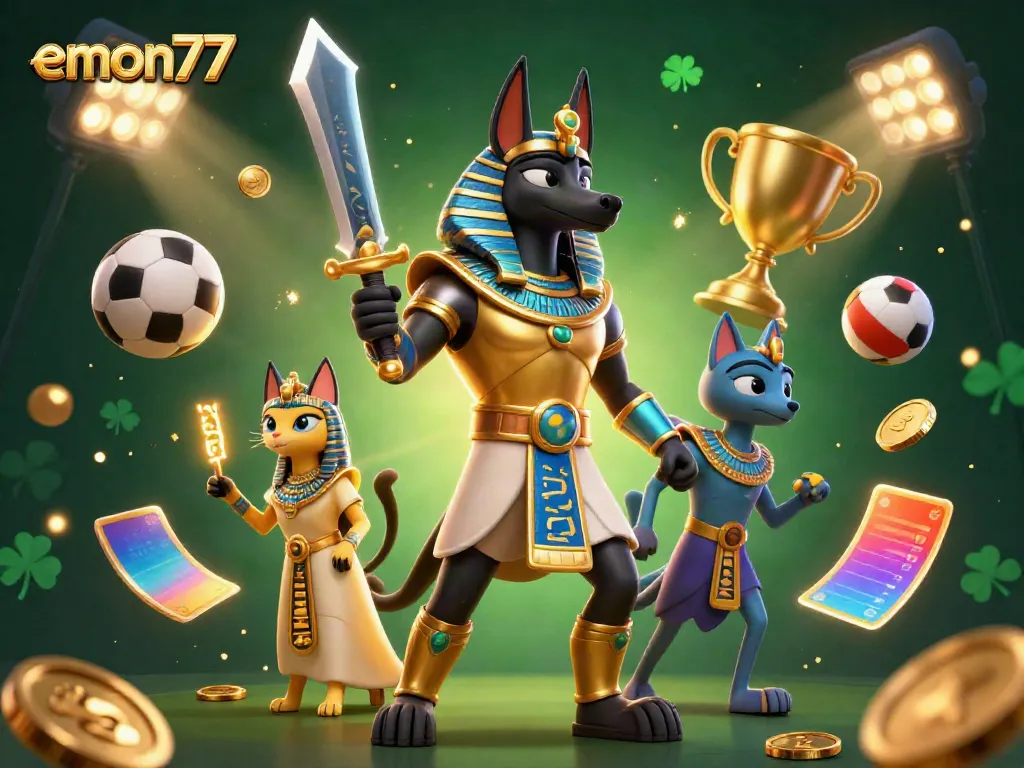 Engage in thrilling sports betting with emon77, featuring Anubis and Bastet amidst dynamic game elements.