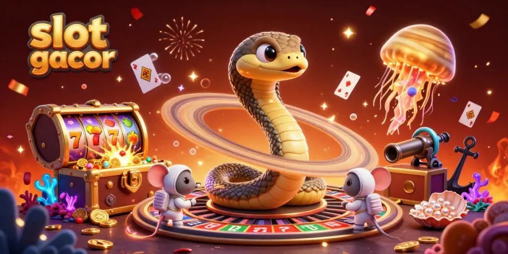 Slot gacor dengan ular Saturnus berbelit sebagai roda rolet saat menyaksikan astronaut tikus bertaruh.